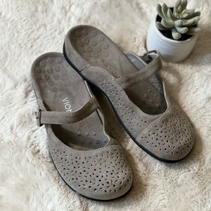 Vionic Lidia Grey suede Perforated Mary Jane slides slip on mules